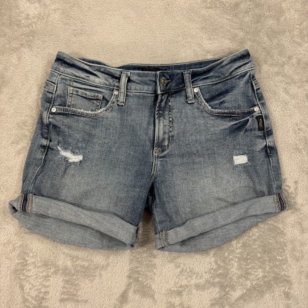 Silver Denim Shorts Womens W30 L4.5 Blue Jean Boyfriend Short Cuffed Relaxed